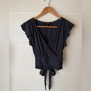 Jessica Simpson Navy Printed Wrap Top XS Ruffle Sleeve Tie Back
